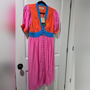 NWT Boden Pink Elsa Midi Tea Dress, Pink, Blue And Orange W/ Buttons